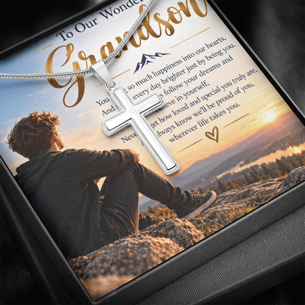 Grandson Gift Artisan Cross Necklace with Snake Chain – Meaningful Christian Gift for Him