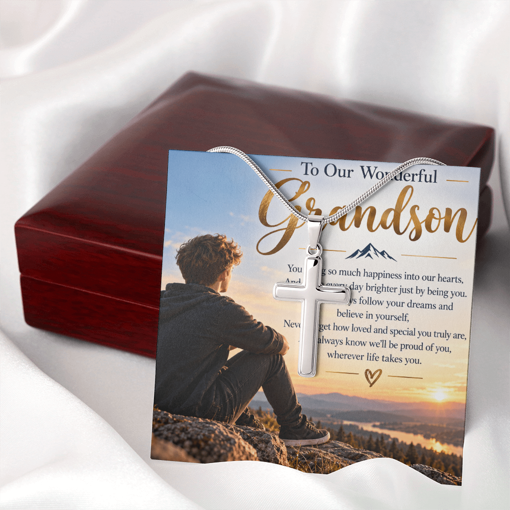 Grandson Gift Artisan Cross Necklace with Snake Chain – Meaningful Christian Gift for Him