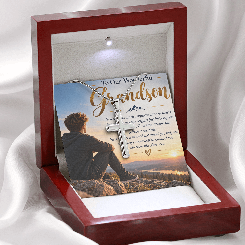 Grandson Gift Artisan Cross Necklace with Snake Chain – Meaningful Christian Gift for Him