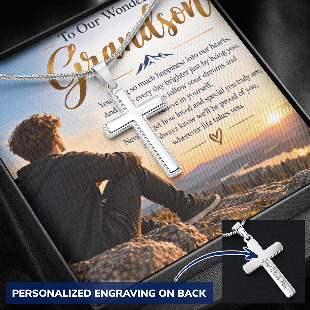 Grandson Gift Personalised Artisan Cross Necklace – Engraved Back & Snake Chain