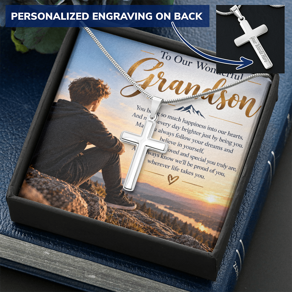 Grandson Gift Personalised Artisan Cross Necklace – Engraved Back & Snake Chain