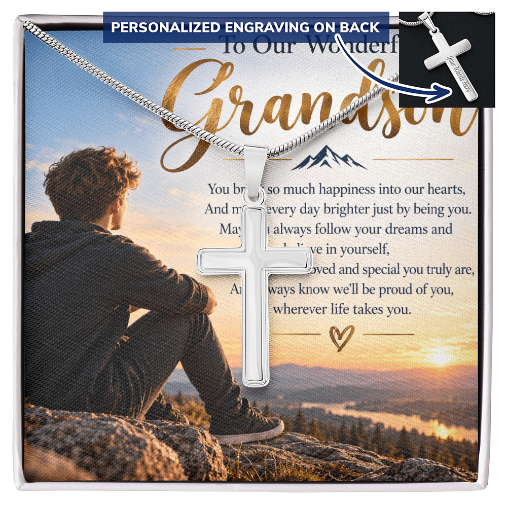 Grandson Gift Personalised Artisan Cross Necklace – Engraved Back & Snake Chain