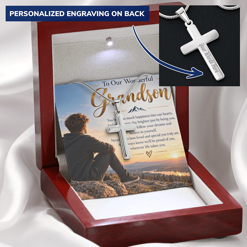 Grandson Gift Personalised Artisan Cross Necklace – Engraved Back & Snake Chain