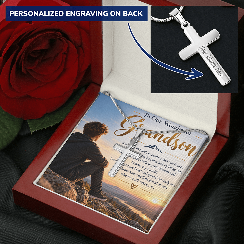 Grandson Gift Personalised Artisan Cross Necklace – Engraved Back & Snake Chain