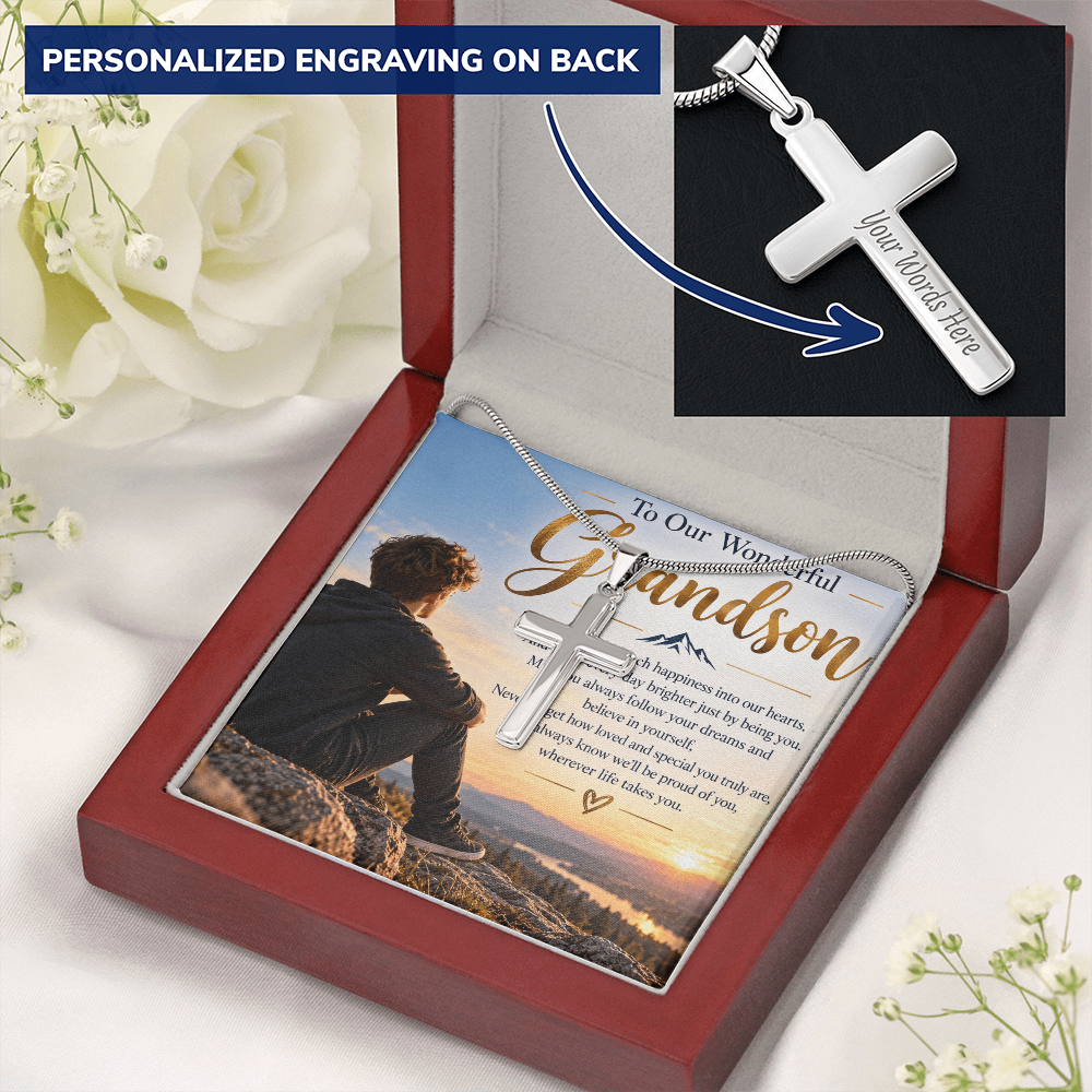 Grandson Gift Personalised Artisan Cross Necklace – Engraved Back & Snake Chain