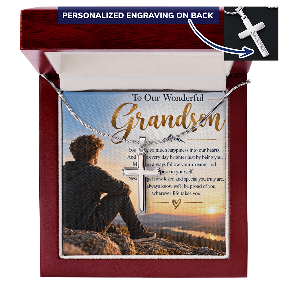 Grandson Gift Personalised Artisan Cross Necklace – Engraved Back & Snake Chain