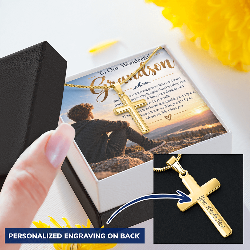 Grandson Gift Personalised Artisan Cross Necklace – Engraved Back & Snake Chain