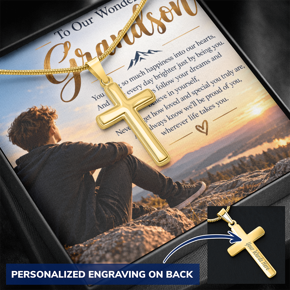Grandson Gift Personalised Artisan Cross Necklace – Engraved Back & Snake Chain