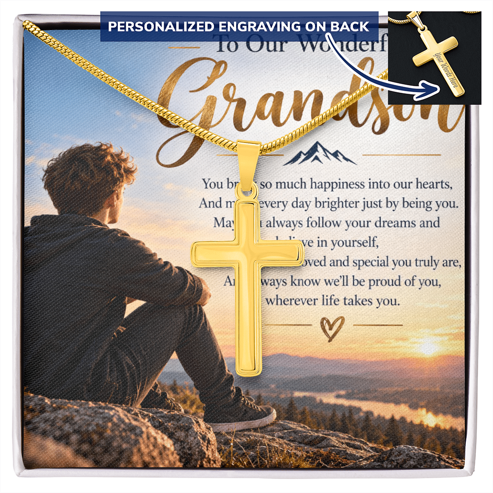 Grandson Gift Personalised Artisan Cross Necklace – Engraved Back & Snake Chain