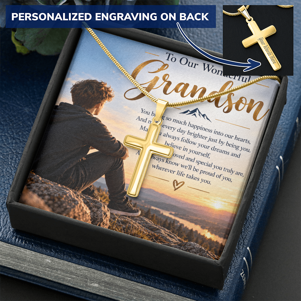 Grandson Gift Personalised Artisan Cross Necklace – Engraved Back & Snake Chain