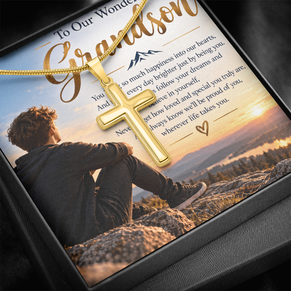 Grandson Gift Personalised Artisan Cross Necklace – Engraved Back & Snake Chain