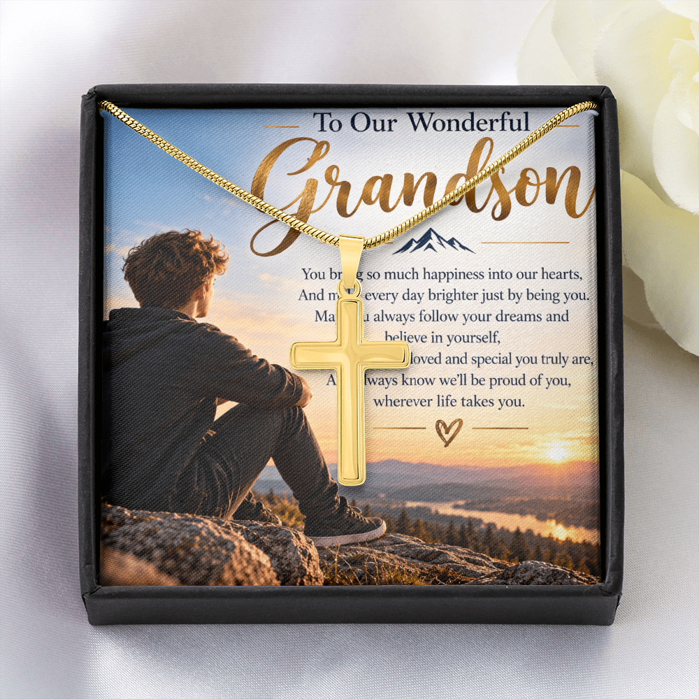 Grandson Gift Personalised Artisan Cross Necklace – Engraved Back & Snake Chain