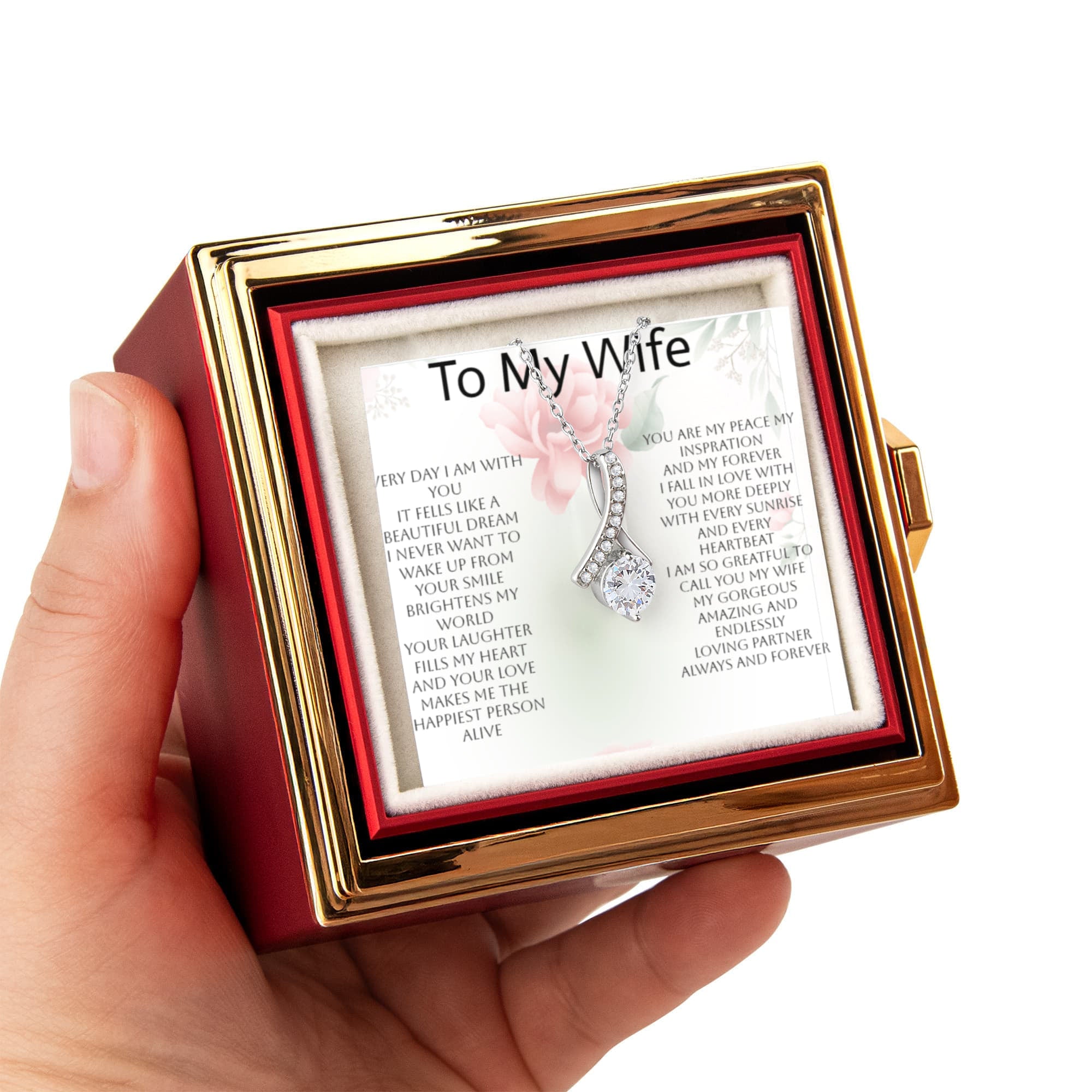 Romantic Gift for Wife – Alluring Beauty Necklace & Rotating Rose Box