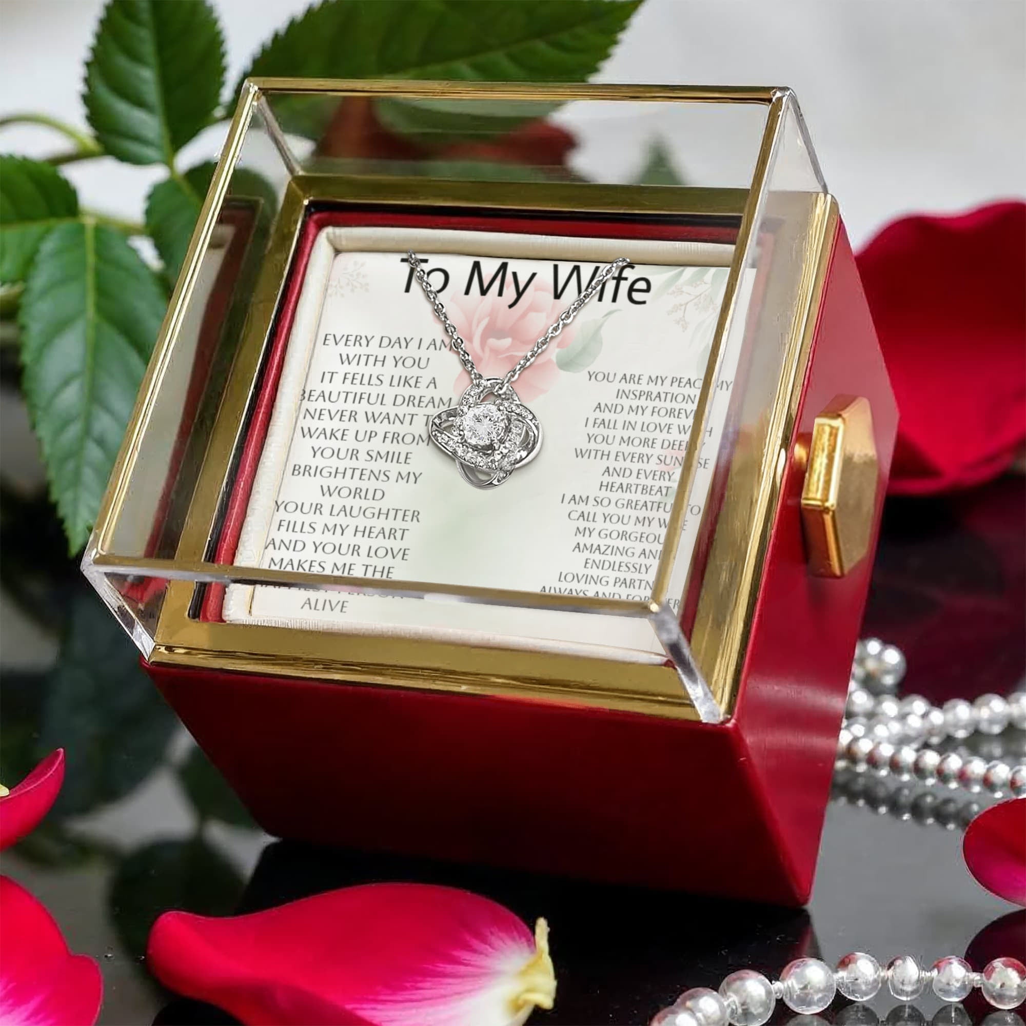 Romantic Mother's Day Gift for Wife – Love Knot Necklace & Rotating Rose Box