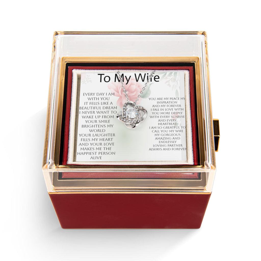 Romantic Mother's Day Gift for Wife – Love Knot Necklace & Rotating Rose Box