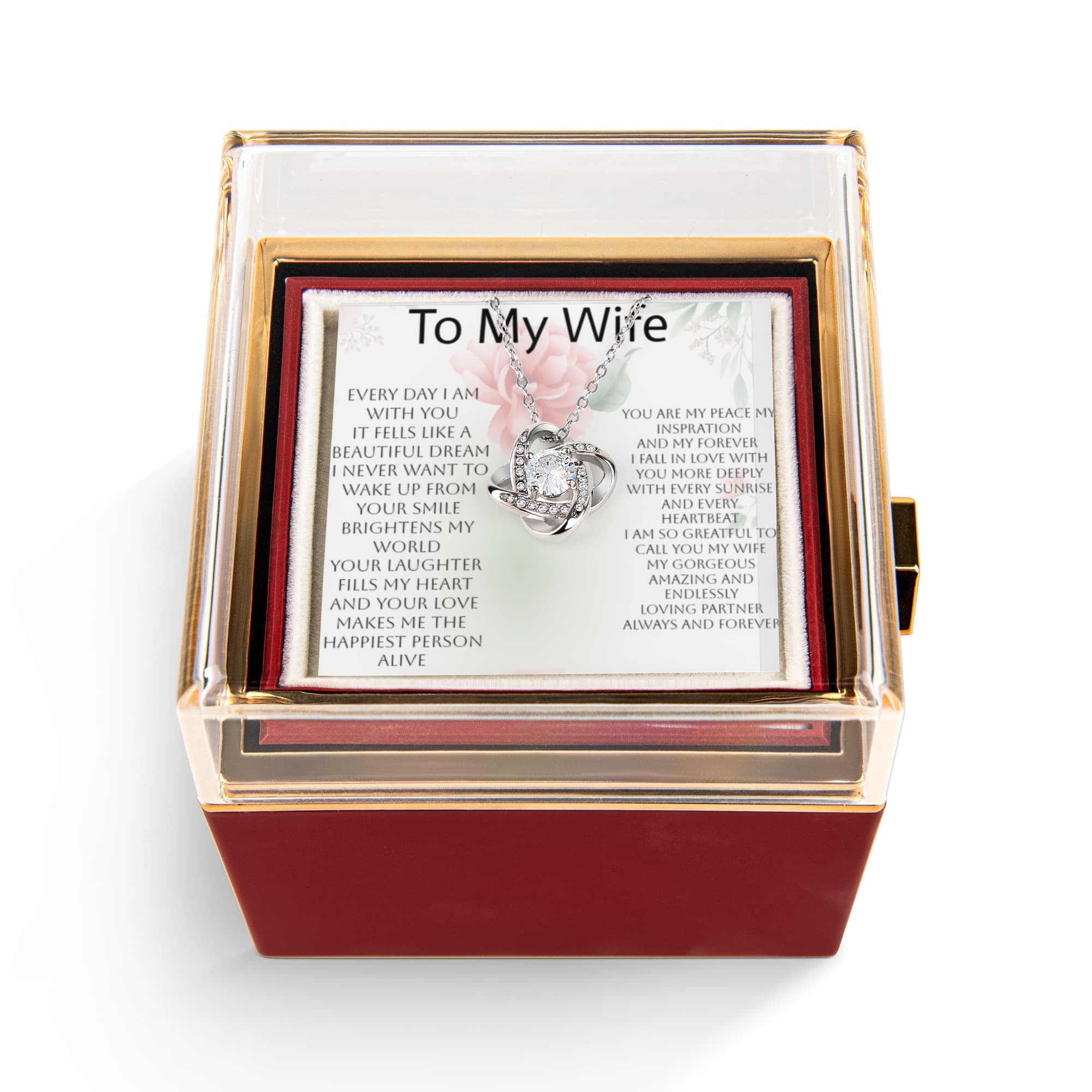 Romantic Mother's Day Gift for Wife – Love Knot Necklace & Rotating Rose Box