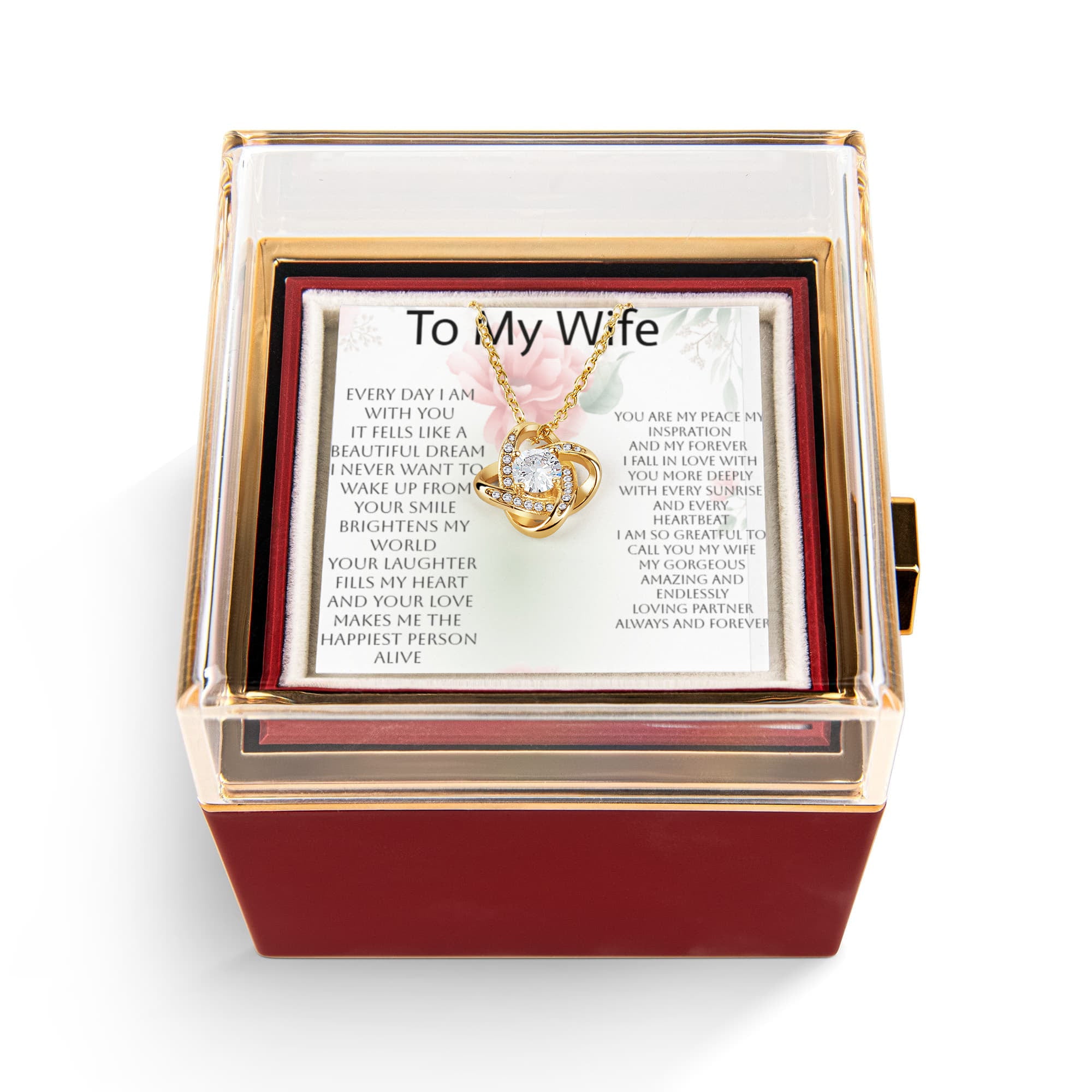 Romantic Mother's Day Gift for Wife – Love Knot Necklace & Rotating Rose Box