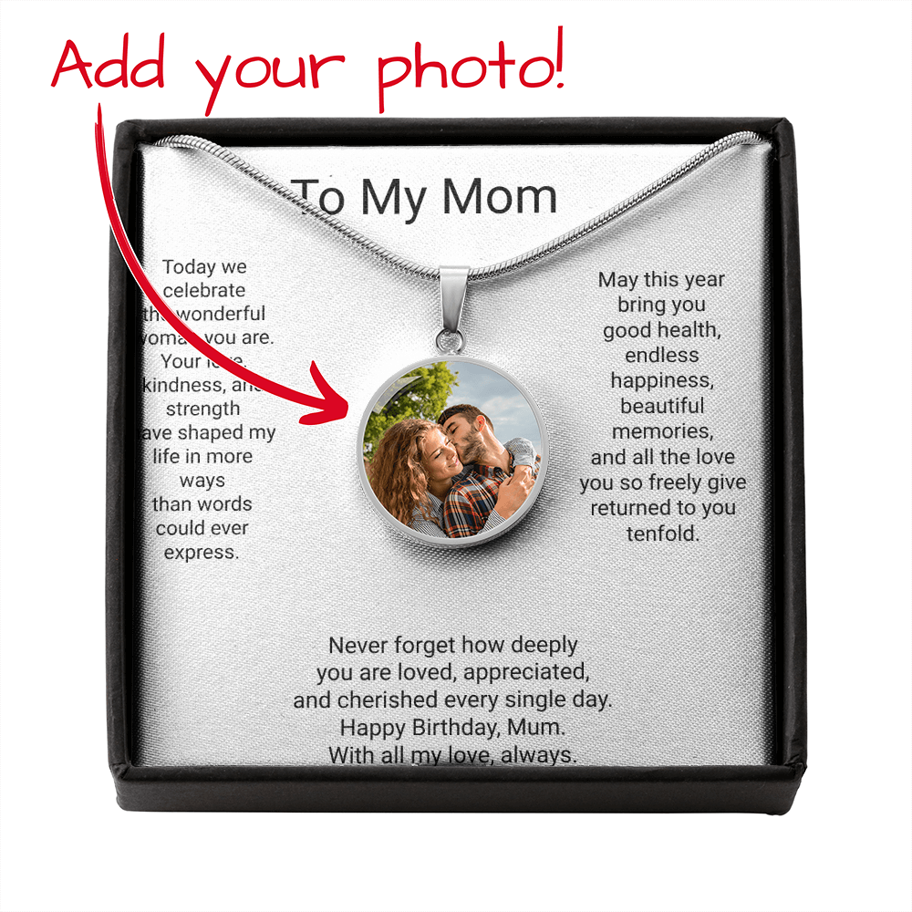 Personalised Mom Birthday Gift Circle Necklace with Photo & Engraving | Custom Keepsake Necklace