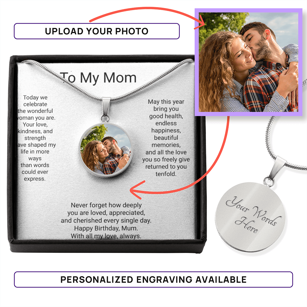 Personalised Mom Birthday Gift Circle Necklace with Photo & Engraving | Custom Keepsake Necklace