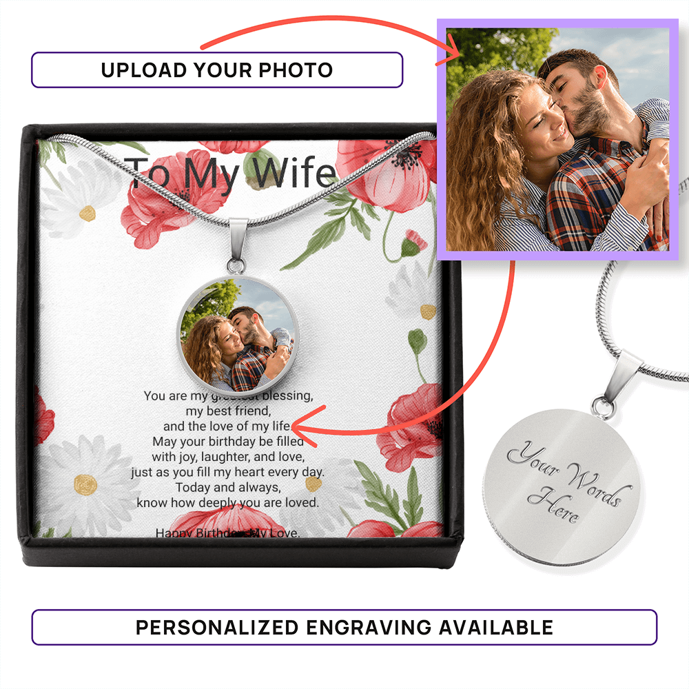 Personalised Wife Birthday Gift Circle Necklace with Photo & Engraving | Custom Keepsake Necklace