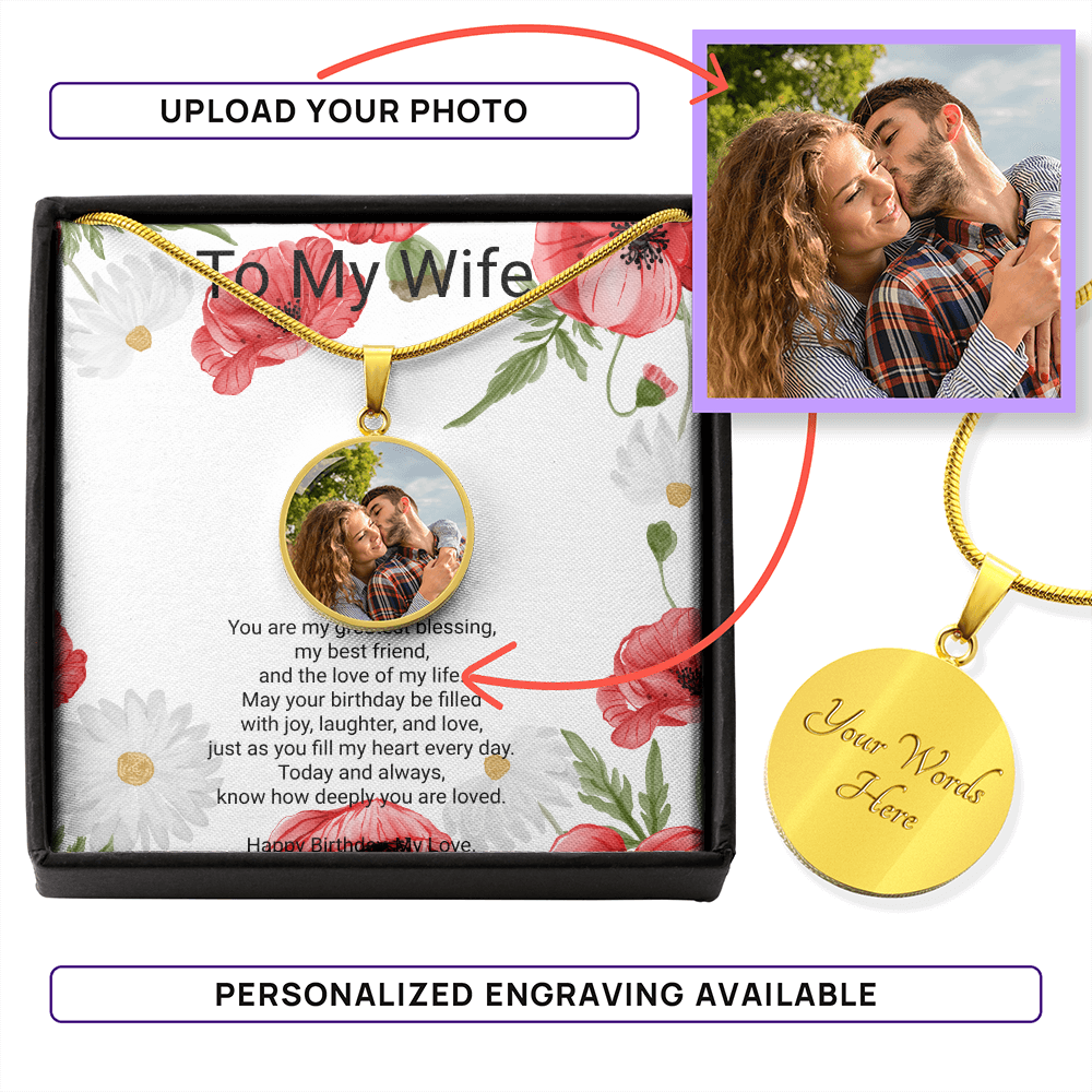 Personalised Wife Birthday Gift Circle Necklace with Photo & Engraving | Custom Keepsake Necklace