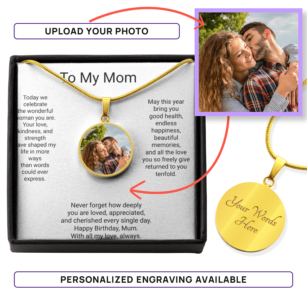 Personalised Mom Birthday Gift Circle Necklace with Photo & Engraving | Custom Keepsake Necklace